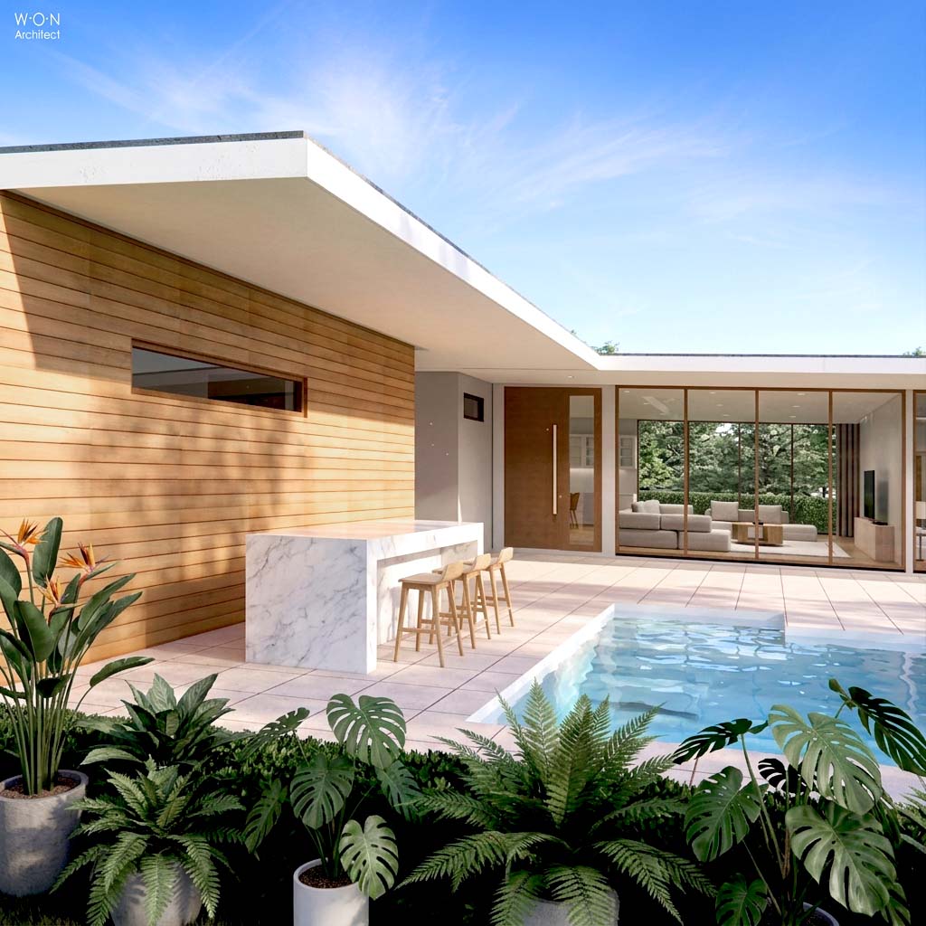 แบบบ้านชั้นเดียว พูลวิลล่า Pool villla 220 sq.m (Land22x28m)